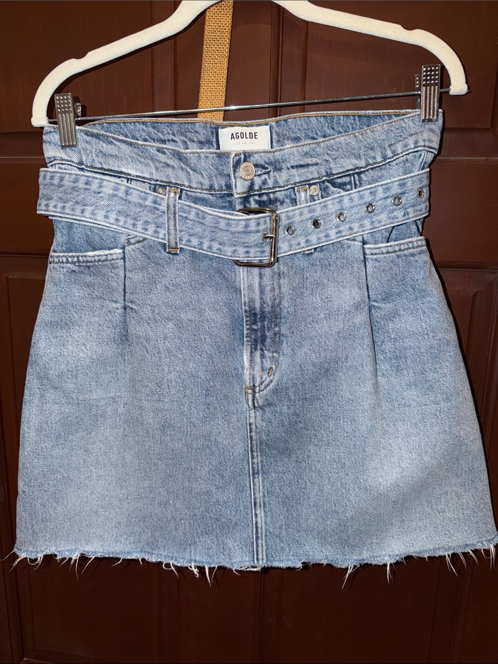 AGOLDE Light Blue Denim Mini Skirt with Attached Belt